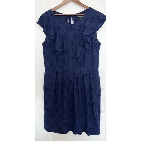 Chris McLaughlin Womens Dress Size 20 W Navy Cotton Eyelet Ruffle Pockets - Picture 2 of 10